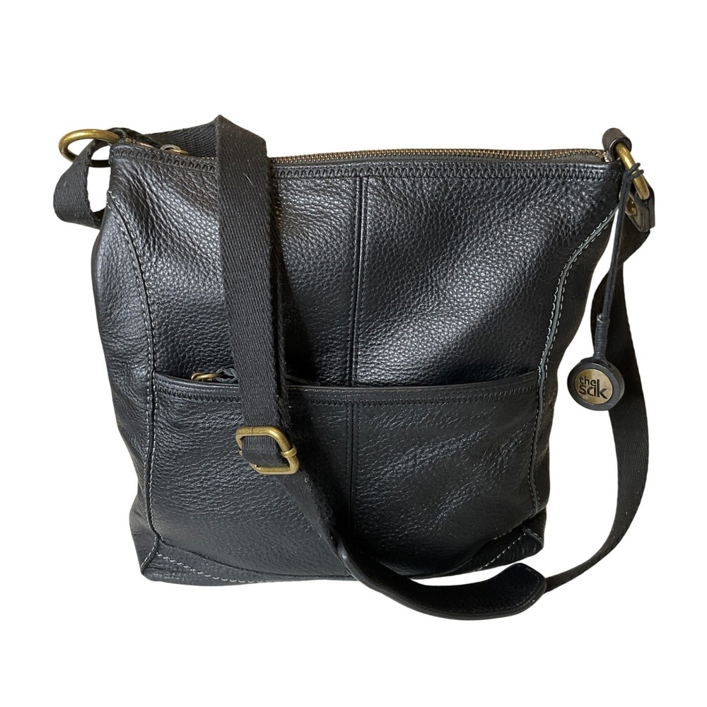 The Sak Pebbled Leather Crossbody Bag Black Boho Hobo Retro Hippie Classic